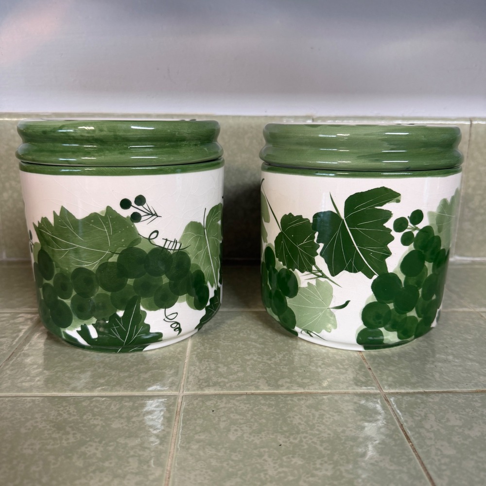 Designpac Inc Handpainted Ceramic Grape Canister Set of 2‎ Green White Vintage